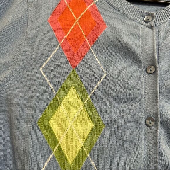 AUGUST SILK PERIWINKLE ARGYLE BUTTON UP 3/4 SLEEVE COTTON CARDIGAN SWEATER LARGE - Picture 3 of 9